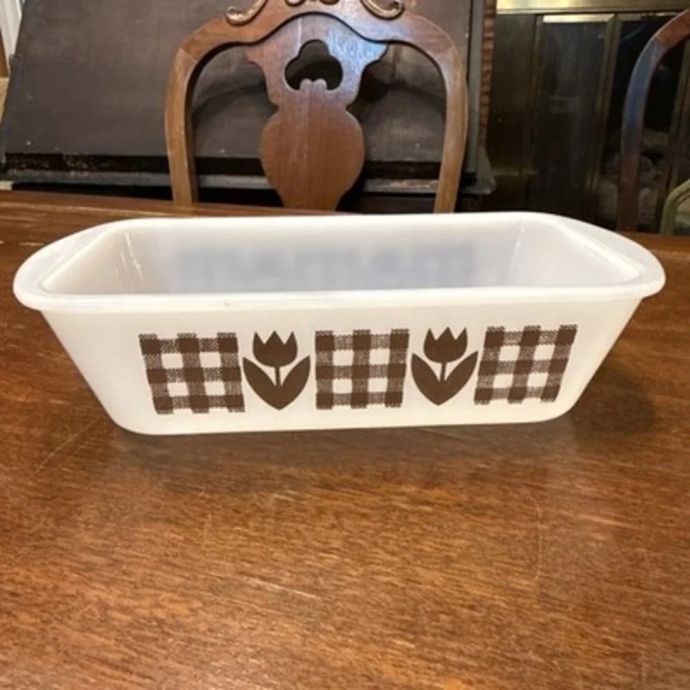 Vintage Glasbake 5x9  White Milk Glass Loaf Pan Brown Gingham Tulips